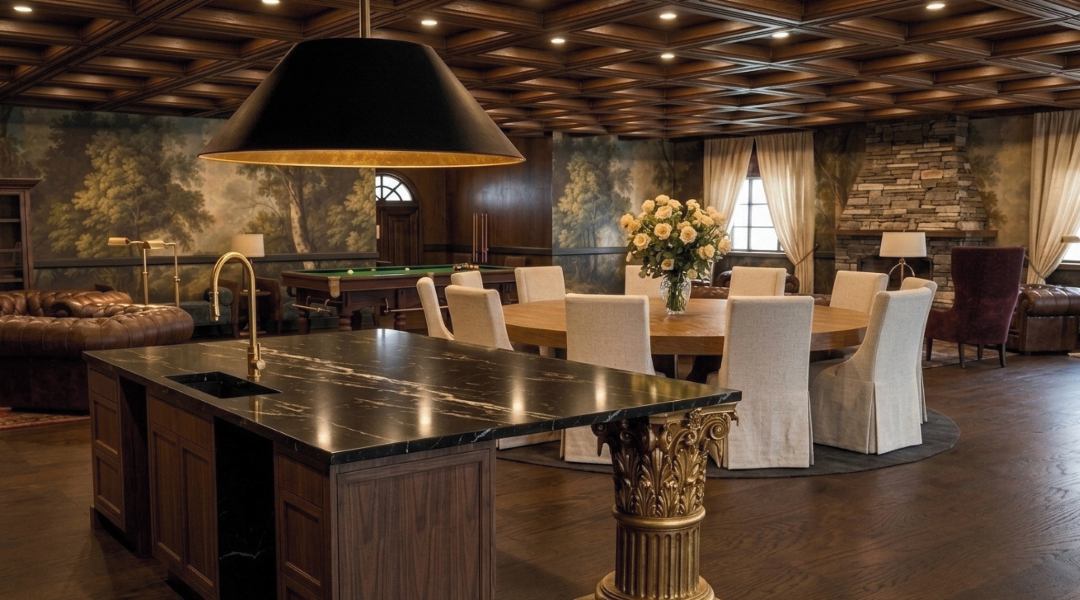 Apotheon members lounge rendering from the kitchen