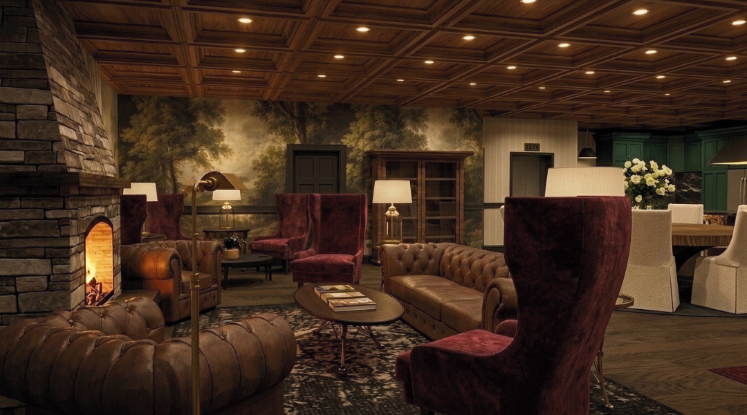 Apotheon members lounge rendering from the left of entry
