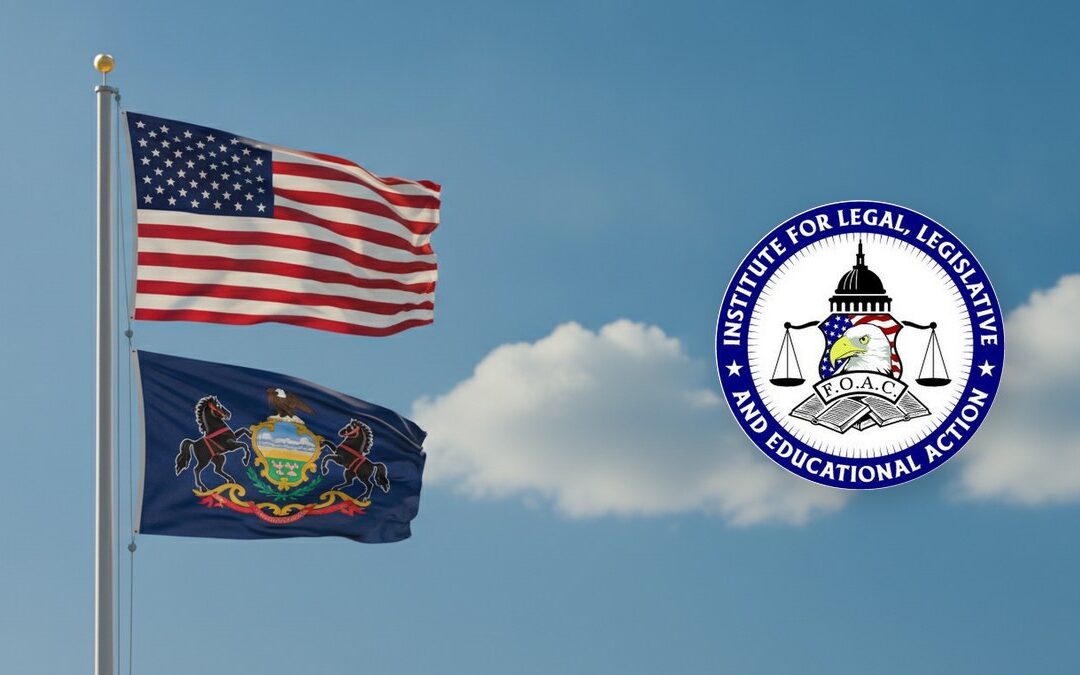 American and Pennsylvania flags on a flagpole with FOAC-Institute seal